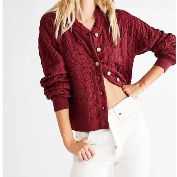 Free People Jackets & Blazers - Like New Free People Beach Sunny Sweater Bomber Cardigan in Wild Garnet, Large